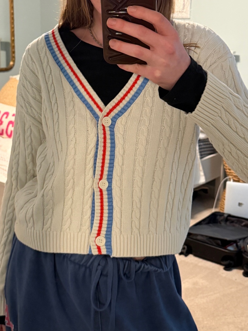 Prince Cream Cable-Knit Cardigan with Red & Blue Stripe Trim